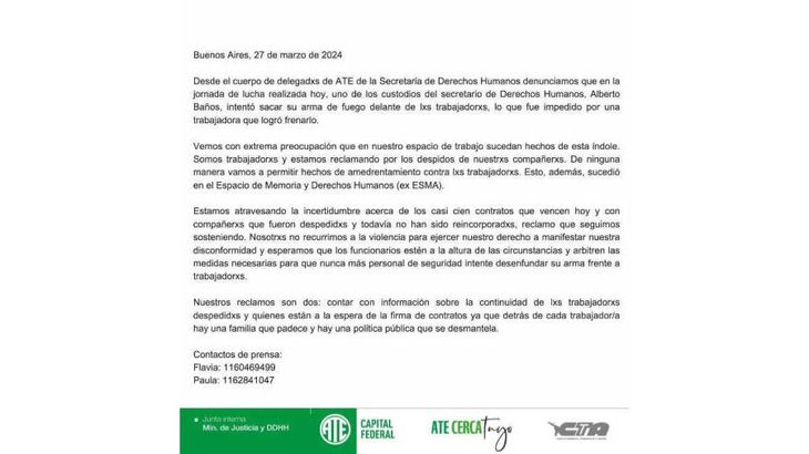 El comunicado de prensa de ATE. El comunicado de prensa de ATE.