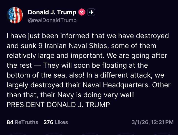 El posteo de Trump en el que aseguró que las fuerzas de EEUU destruyeron nueve buques de guerra iraníes. El posteo de Trump en el que aseguró que las fuerzas de EEUU destruyeron nueve buques de guerra iraníes.