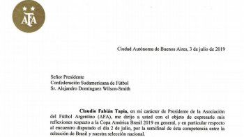 AFA envió una carta a la Conmebol pidiendo explicaciones por el mal arbitraje.