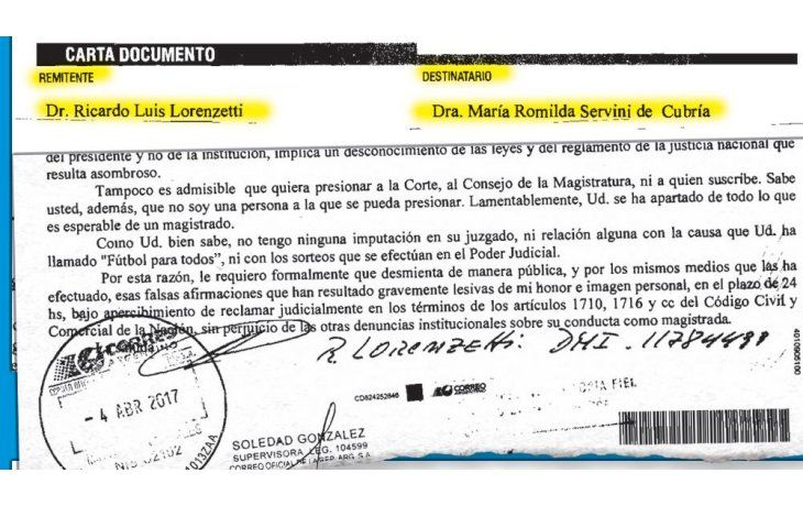 ámbito.com | Furia doble. Antes de que se conociera el pedido de juicio político, Lorenzetti les mandó cartas documento a Carrió y Servini de Cubría.