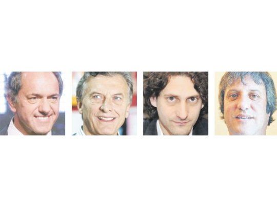 Daniel Scioli, Mauricio Macri, Carlos Gianella y Miguel de Godoy
