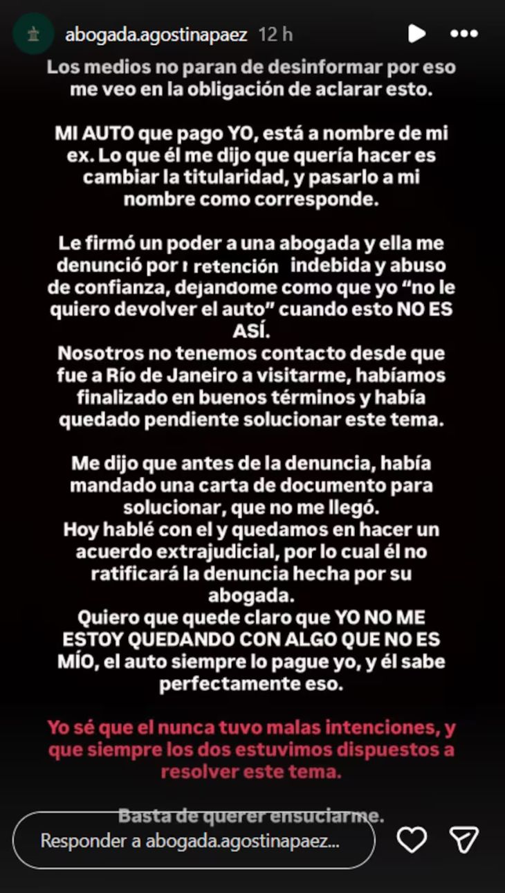 El descargo de Agostina Páez a través de su Instagram. El descargo de Agostina Páez a través de su Instagram.