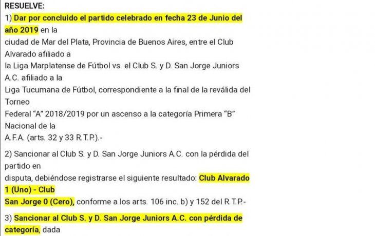 Este es el fallo de AFA con la sanción al club San Jorge de Tucumán.