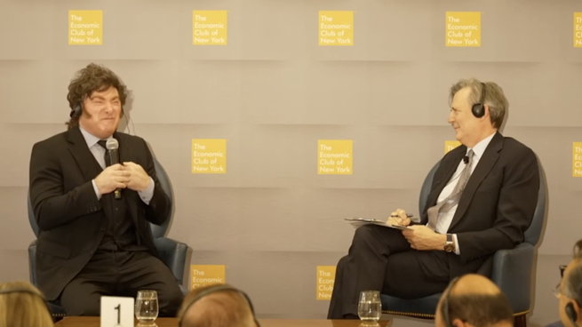 Javier Milei habló ante el Club Económico de Nueva York y respondió preguntas sobre el comercio con China.