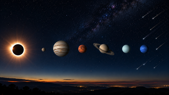 Eclipse solar, alineación de planetas y lluvia de estrellas, todo el mismo día.