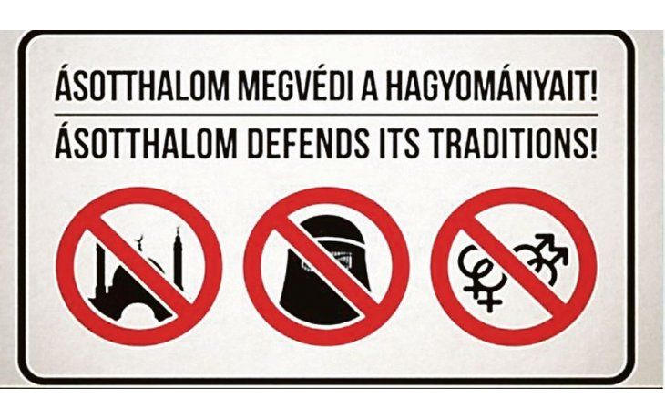 Prohibido. Un cartel rechaza la construcción de mezquitas, el uso de velos y demostraciones de amor entre personas del mismo sexo.