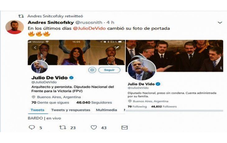 ámbito.com | CAMBIO.  La cuenta de twitter de Julio De Vido evidenció cambios que muestran su descontento con la actitud asumida por su exjefa política.