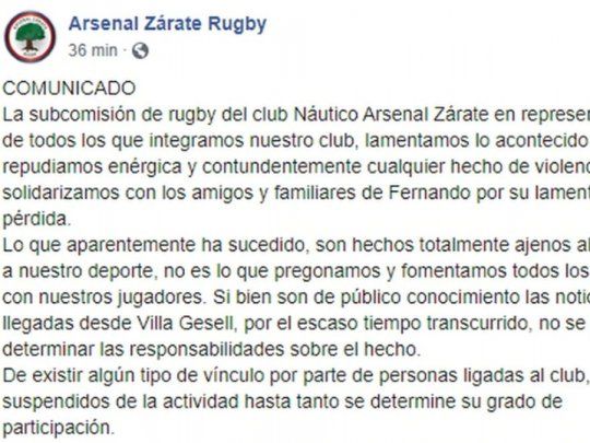 El comunicado del club Náutico Arsenal Zárate.