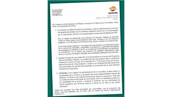 ámbito.com | Texto del comunicado que elaboró Repsol al cabo de la reunión de directorio. Allí, además de  informarse sobre la aceptación del principio de acuerdo con YPF, se deja sentada la posición de la mexicana Pemex, en contra de la conducción de Antoni Brufau.