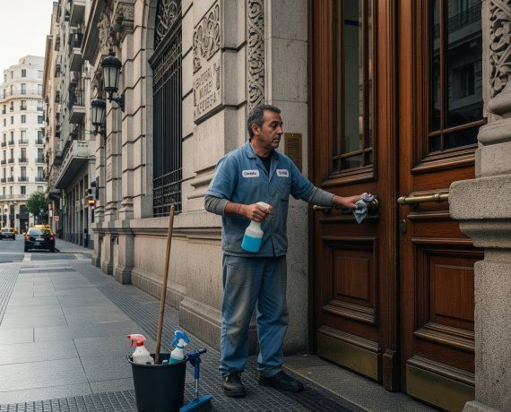 El personal de limpieza frente a un edificio de estilo clásico en Buenos Aires, donde los costos de mantenimiento impactan en las expensas mensuales