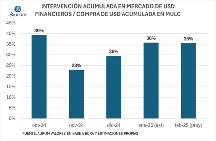In relation to gross international reserves, which at the end of February are located at US $ 28,712 million, the amount destined for exchange interventions since July 2024 is equivalent to almost 10% of the total reserves. In relation to gross international reserves, which at the end of February are located at US $ 28,712 million, the amount destined for exchange interventions since July 2024 is equivalent to almost 10% of the total reserves.