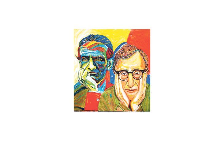 Woody Allen interactuando con César Vallejo, en una de las pinturas de Hugo Echarri.