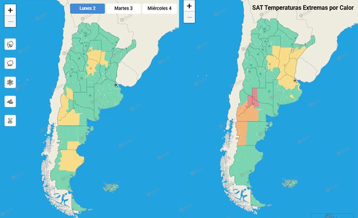 Del lado izquierdo, el mapa de alertas por tormentas y vientos. Del lado derecho, el mapa de calor extremo.