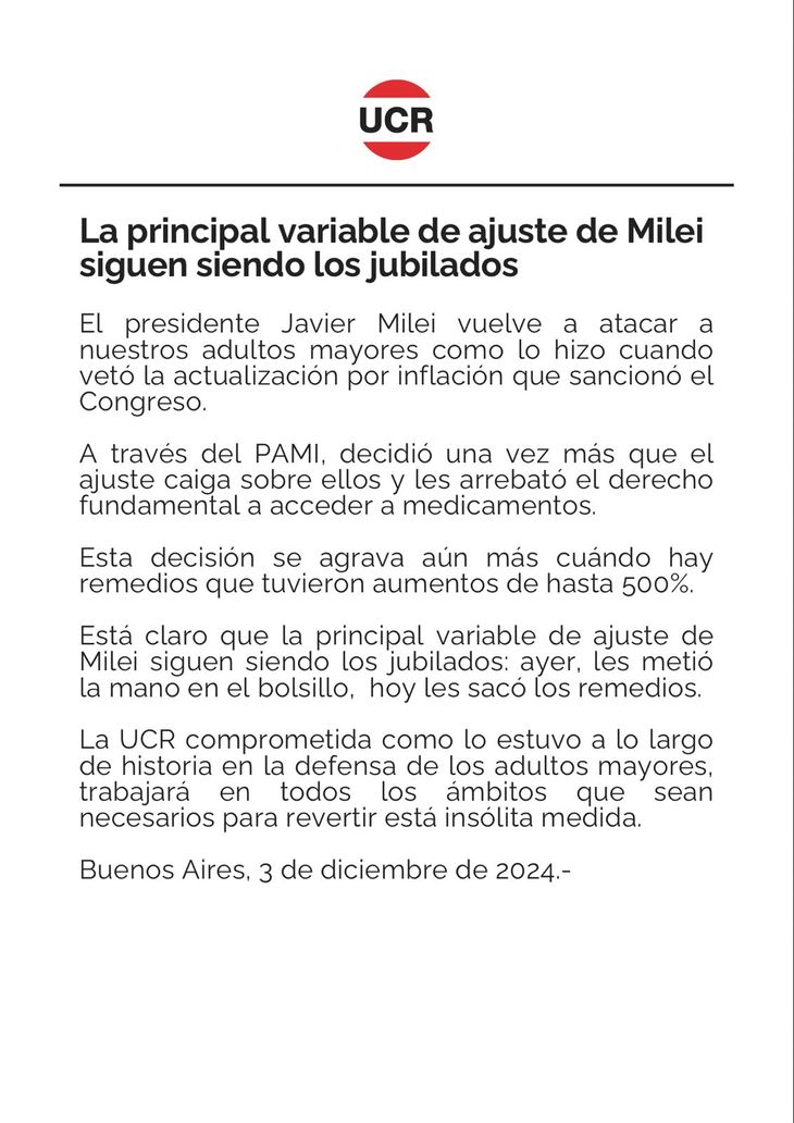 El comunicado de la UCR denunciando la decisión del PAMI sobre las condiciones que deben cumplir los afiliados para obtener la cobertura completa de medicamentos.