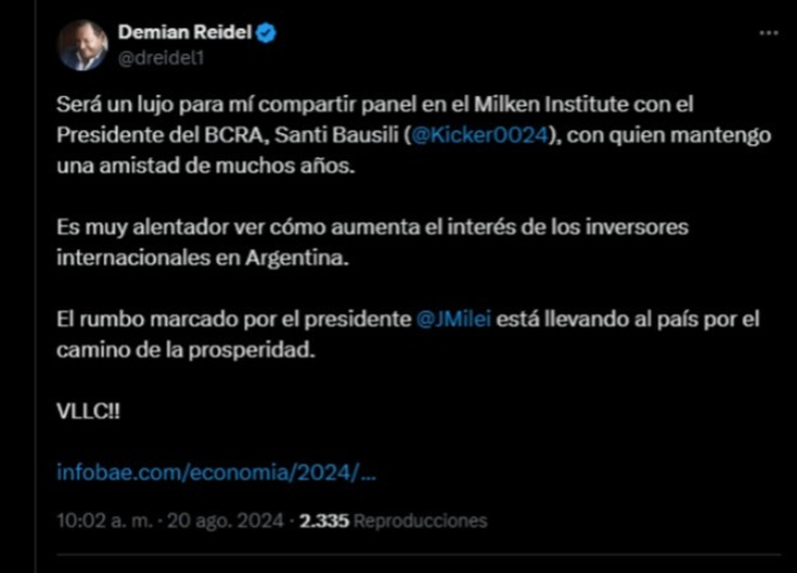 Demian Reidel confirmed his participation in the congress on his social network X (formerly Twitter). Demian Reidel confirmed his participation in the congress on his social network X (formerly Twitter).
