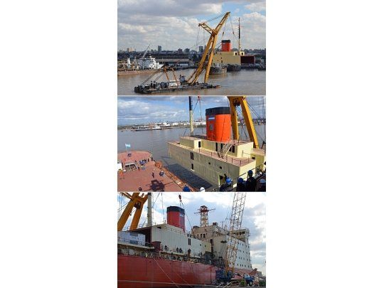 Para el montaje del último bloque de la superestructura se utilizó la grúa flotante Magnus VI, que trasladó por vía acuática el material completo, de más de 140 toneladas, desde el playón de alistamiento del astillero Almirante Storni hasta el muelle de alistamiento del rompehielos.