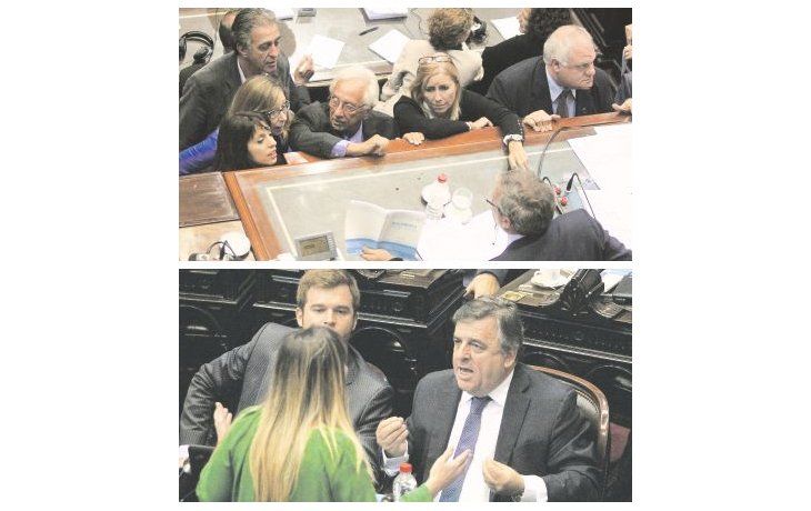ámbito.com | TUMULTO. Emilio Monzó intentó frenar a Héctor Recalde con el Reglamento de la Cámara. Mario Negri (UCR), junto a Nicolás Massot (PRO).