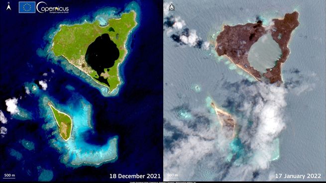 Imágenes satelitales del archipiélago de Tonga, de antes y después de la erupción.