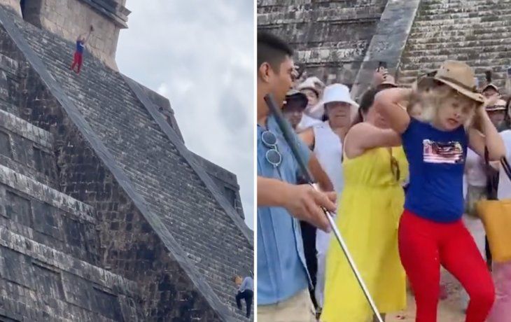escandaloso: violo la prohibicion, subio a una piramide en chichen itza y la bajaron a golpes