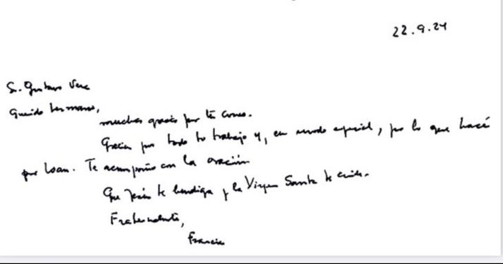 La carta que el papa Francisco envió a Gustavo Vera.