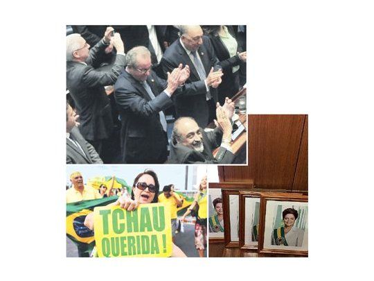 Medio país, de fiesta. Los senadores defensores del “impeachment” celebraron en el pleno la destitución de Dilma Rousseff (izquierda). Ese clima se replicó en el centro de San Pablo (abajo a la izquierda). En el Palacio del Planalto no hubo demora para retirar los retratos de la removida (abajo).