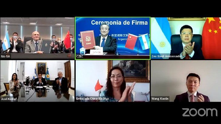 Por teleconferencia tambi&eacute;n participaron de la r&uacute;brica el Presidente de Na-Sa, Jos&eacute; Luis Ant&uacute;nez; el Vicepresidente Nucleoel&eacute;ctrica Argentina S.A., Jorge Sidelnik; el Presidente de la Corporaci&oacute;n Nuclear Nacional China (CNNC), Yu Jianfeng; y el Vicepresidente CNE, Diego Hurtado de Mendoza.