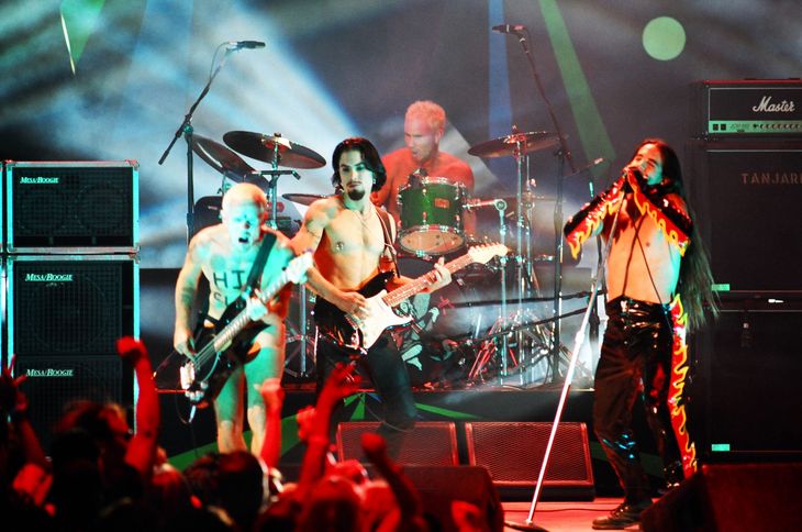 The Red Hot Chili Peppers during a live show next to Dave Navarro.