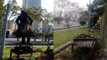 Antes y después: la estatua de Regazzoni fue removida para que se le realicen restauraciones.
