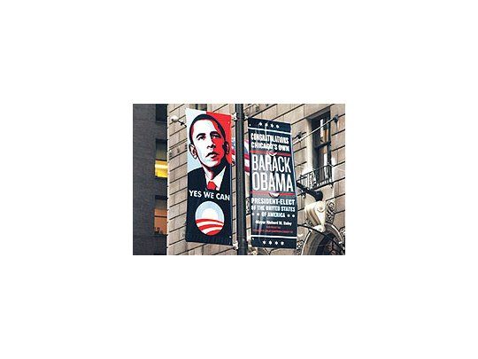 La ciudad deChicago, cunapolítica deBarack Obama,rinde homenajeal presidenteelecto de losEstados Unidoshasta en cartelescolocados enpostes de luz.Una señal de lasfuertes expectativasque generael cambio degobierno.