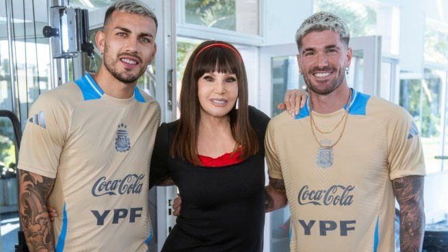 Leandro Paredes, Susana como Susana Spadafucile y Rodrigo De Paul en la grabación del sketch.&nbsp;