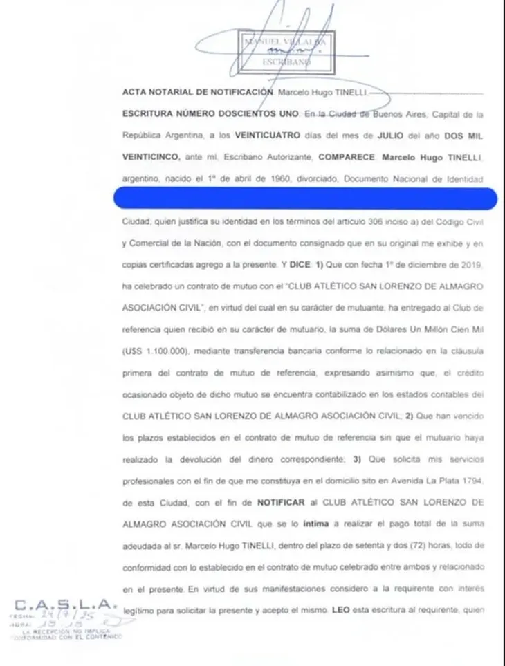 Marcelo Tinelli exige que el club salde la deuda en un plazo de 72 horas.