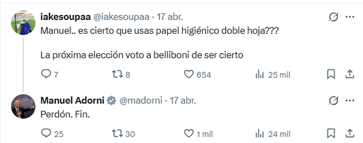 Los mensajes irónicos de Adorni en X. Los mensajes irónicos de Adorni en X.