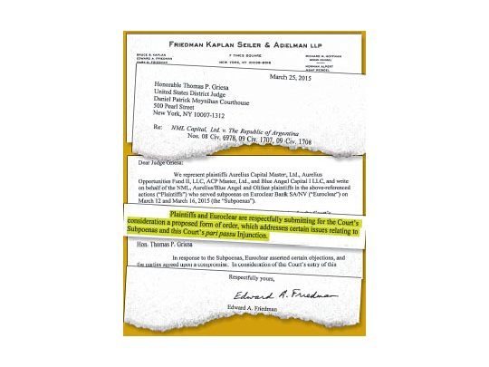 También en secreto, igual que el Citibank, Euroclear negoció con fondos buitre. En este caso, con Aurelius. El abogado de éste, Edward Friedman, presentó ayer el escrito ante Thomas Griesa.