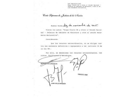 Facsímil del fallo de la Corte Suprema de Justicia de apenas una carilla.