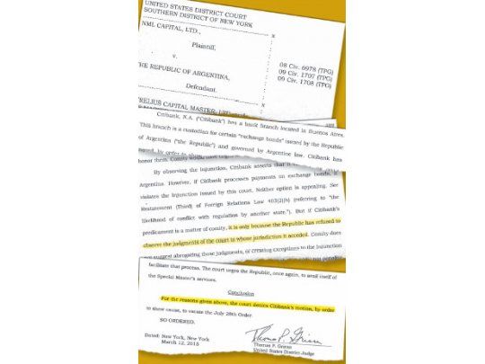 En el fallo de ayer, Griesa toma en cuenta que la actividad del Citibank en la Argentina corre peligro, pero culpa al país por lo que pueda pasar porque “Argentina no cumple” con las decisiones del Tribunal.