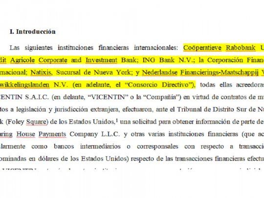 Presentanción del consorcio de acreedores externos de VIcentin antes los tribunales de Nueva York.