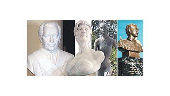 ámbito.com | De izq. a derecha, el busto de Raúl Alfonsín, el de Hillary Clinton ( emplazado en el Sex Museum de Nueva York), el discutido monumento a Eva Perón y la efigie de George W. Bush en Washington.