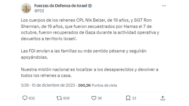 El comunicado de las Fuerzas de Defensa de Israel (FDI) en sus redes sociales sobre la muerte de Ron Sherman. 