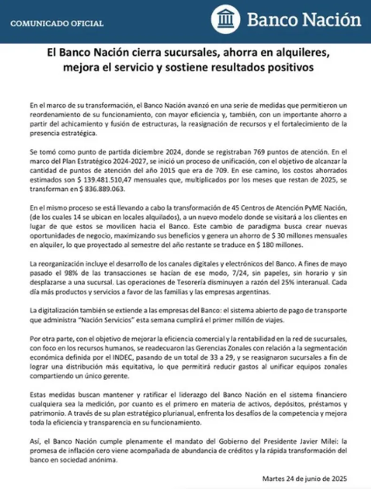 El comunicado del Banco Nación. El comunicado del Banco Nación.