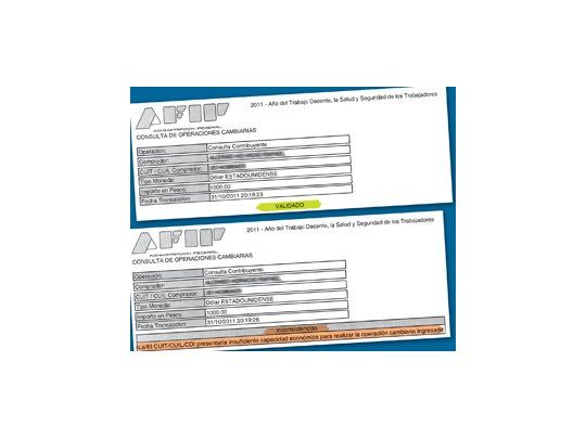 Imagen del comprobante que aparecía en las pantallas ante las consultas en la AFIP, con la leyenda sobre la validación o no para comprar dólares.