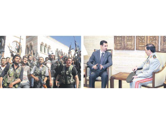 Miembros del rebelde Ejército Sirio Libre posan en la ciudad de Azaz, en la provincia de Alepo (izquierda). La TV oficial mostró al dictador Bashar al Asad junto al nuevo ministro de Defensa, de manera de rebatir las versiones de que había dejado la capital (derecha).