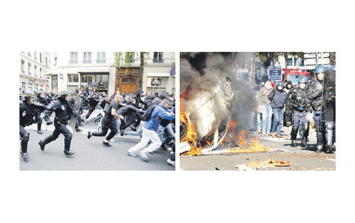 Choques entre policías y manifestantes en Lyon (izquierda) y actos graves de vandalismo en Nanterre, en las afueras de París (derecha), postales de la convulsionada Francia de ayer. La pulseada política por la reforma previsional llega a su punto culminante.