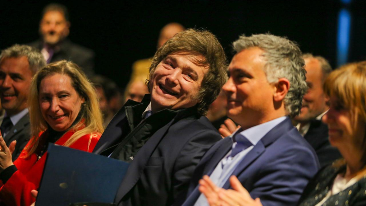 Karina Milei, Javier Milei, Sebastián Pareja y Patricia Bullrich durante el Congreso de La Libertad Avanza en Provincia de Buenos Aires. 