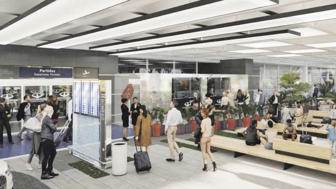 render. Una de las vistas sobre cómo quedará el futuro sector de pre checkin en Aeroparque durante 2023.