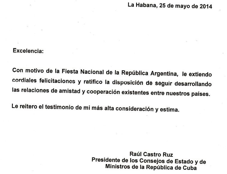 Carta del presidente cubano.