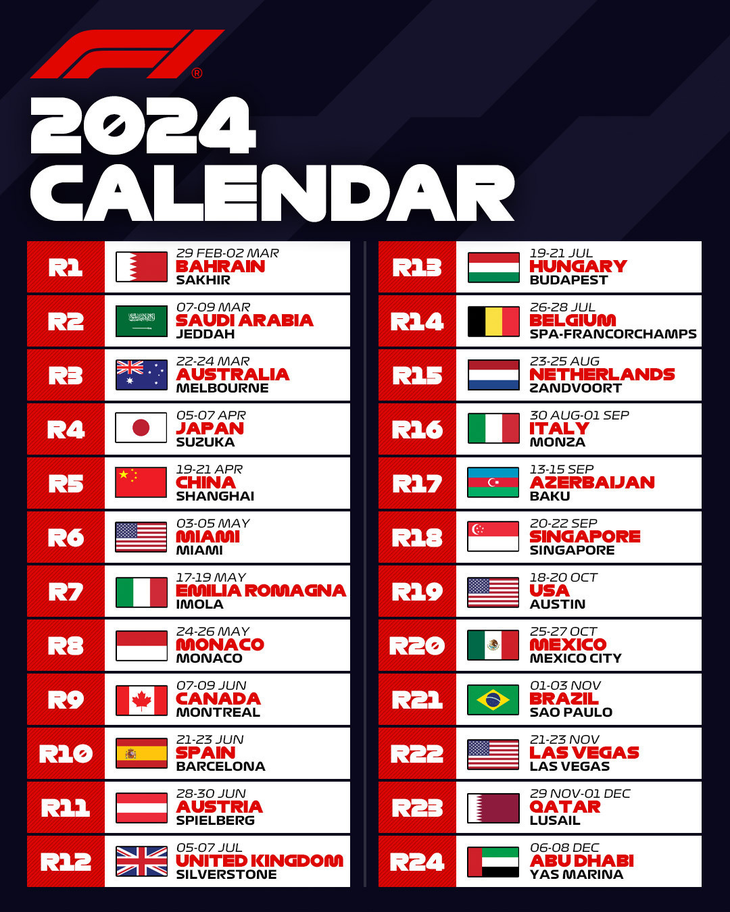 Así es el calendario 2024 de la Fórmula 1.