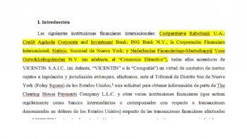 Presentanción del consorcio de acreedores externos de VIcentin antes los tribunales de Nueva York.