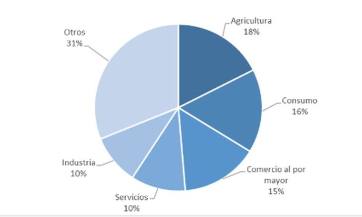 Distribución de los sectores en la cartera de créditos bancarios de Paraguay (mayo del 2025). Fuente: Elaboración con datos del Banco Central del Paraguay. Distribución de los sectores en la cartera de créditos bancarios de Paraguay (mayo del 2025). Fuente: Elaboración con datos del Banco Central del Paraguay. 