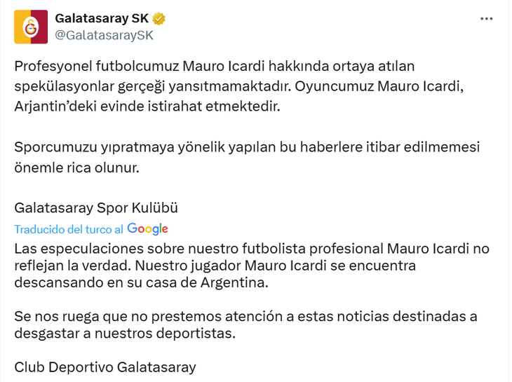 After Wanda Nara’s complaint, Galatasaray came out in defense of Mauro Icardi