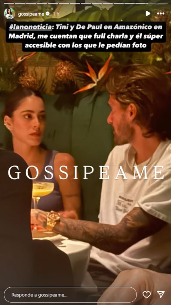 Rodrigo de Paul and Tini Stoessel a few days ago, they had dinner together in Madrid. (Photo: Instagram/Gossipeame capture) Rodrigo de Paul and Tini Stoessel a few days ago, they had dinner together in Madrid. (Photo: Instagram/Gossipeame capture)